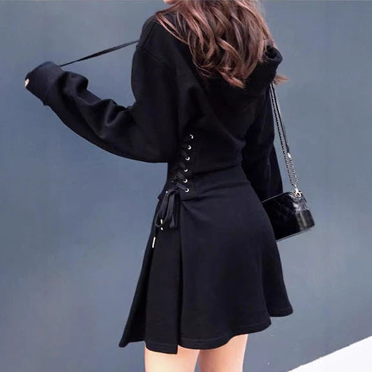 Belted Long-Sleeve Hooded Sweatshirt Dress