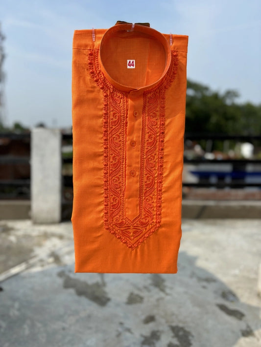 Orange embroidered cotton kurta for men - festive ethnic wear