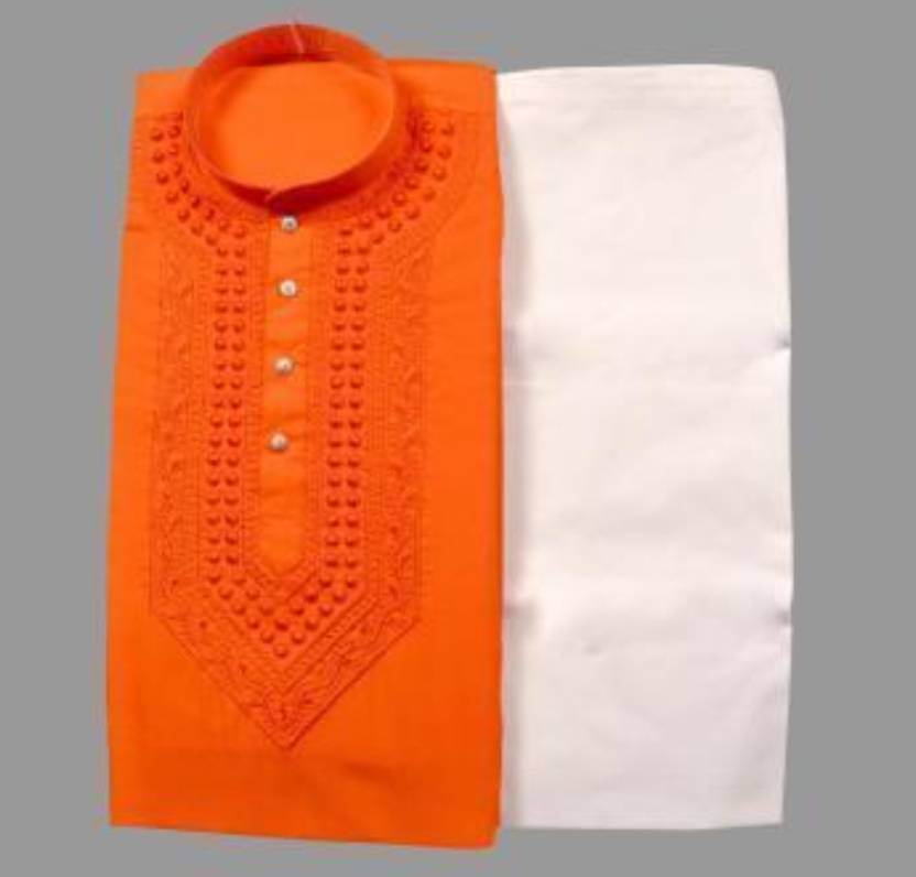 Men's orange and white embroidered kurta pyjama set - festive wear