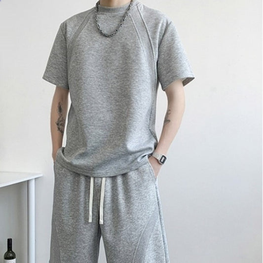 Mens Casual Summer Solid-Color Short-Sleeve T-Shirt And Shorts Set