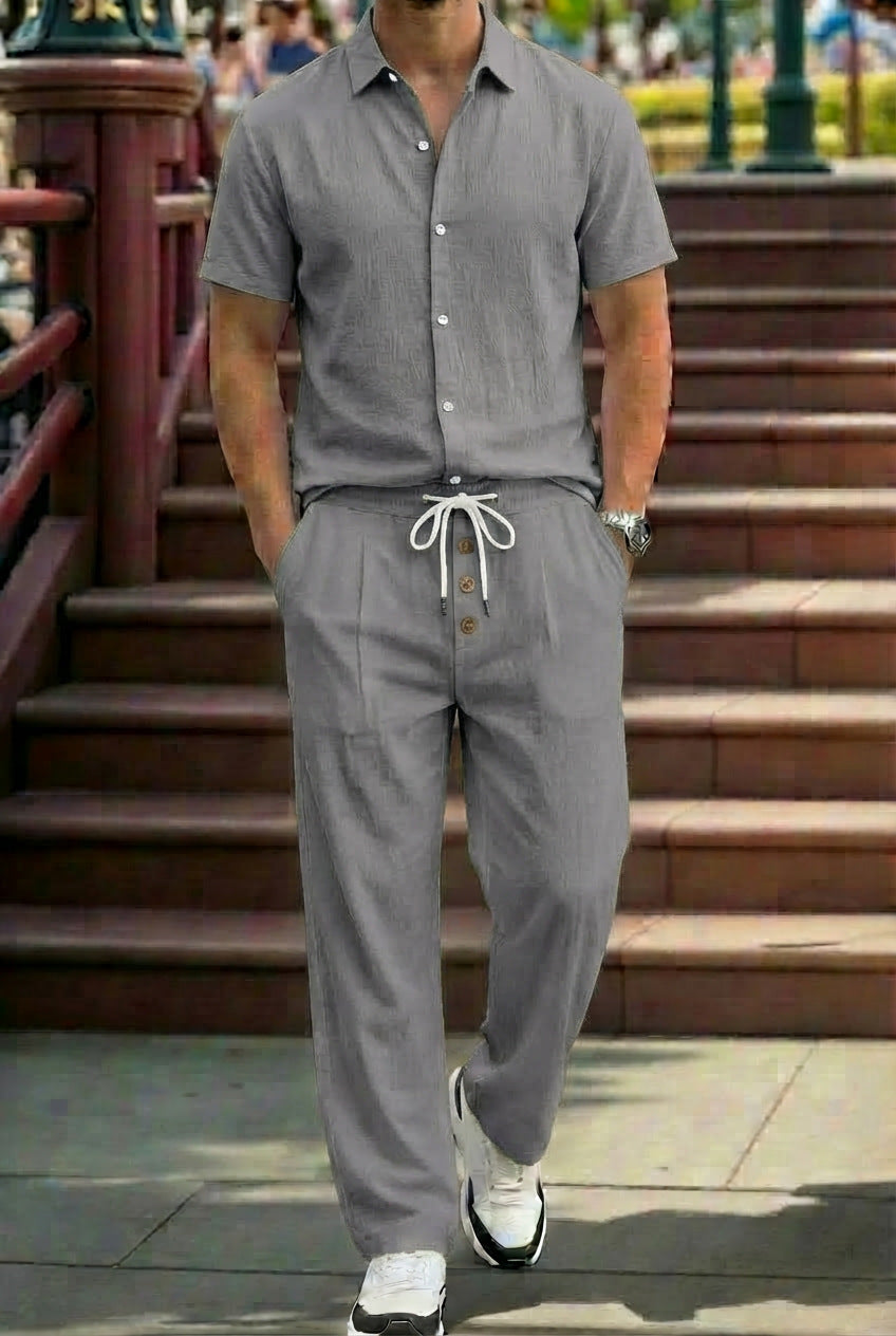 New Mens Breathable Linen Shirt And Trousers Set With A Lapel Collar