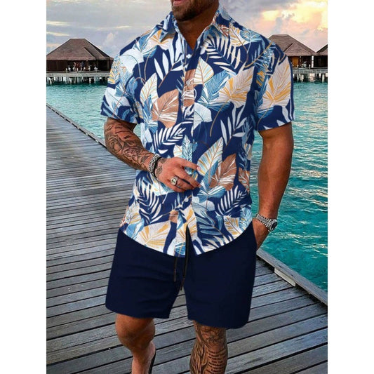 Mens Summer Casual Printed Shirt Set