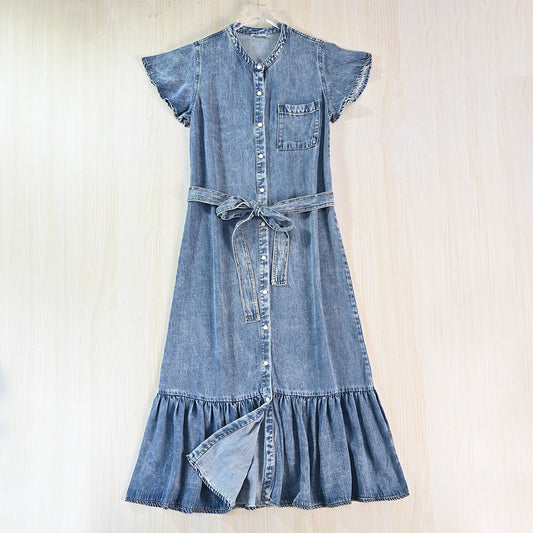 Washed Denim Dress with Stand Collar