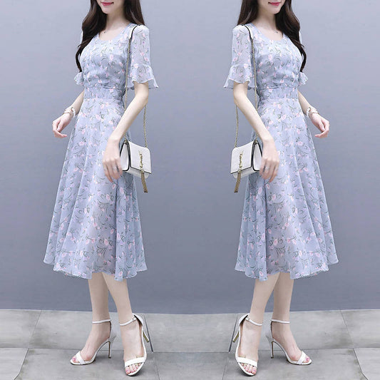 Waist-Cinching Floral Ice-Silk Dress