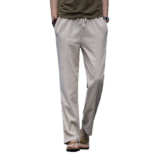 Mens Linen Casual Solid-Color Straight-Leg Pants