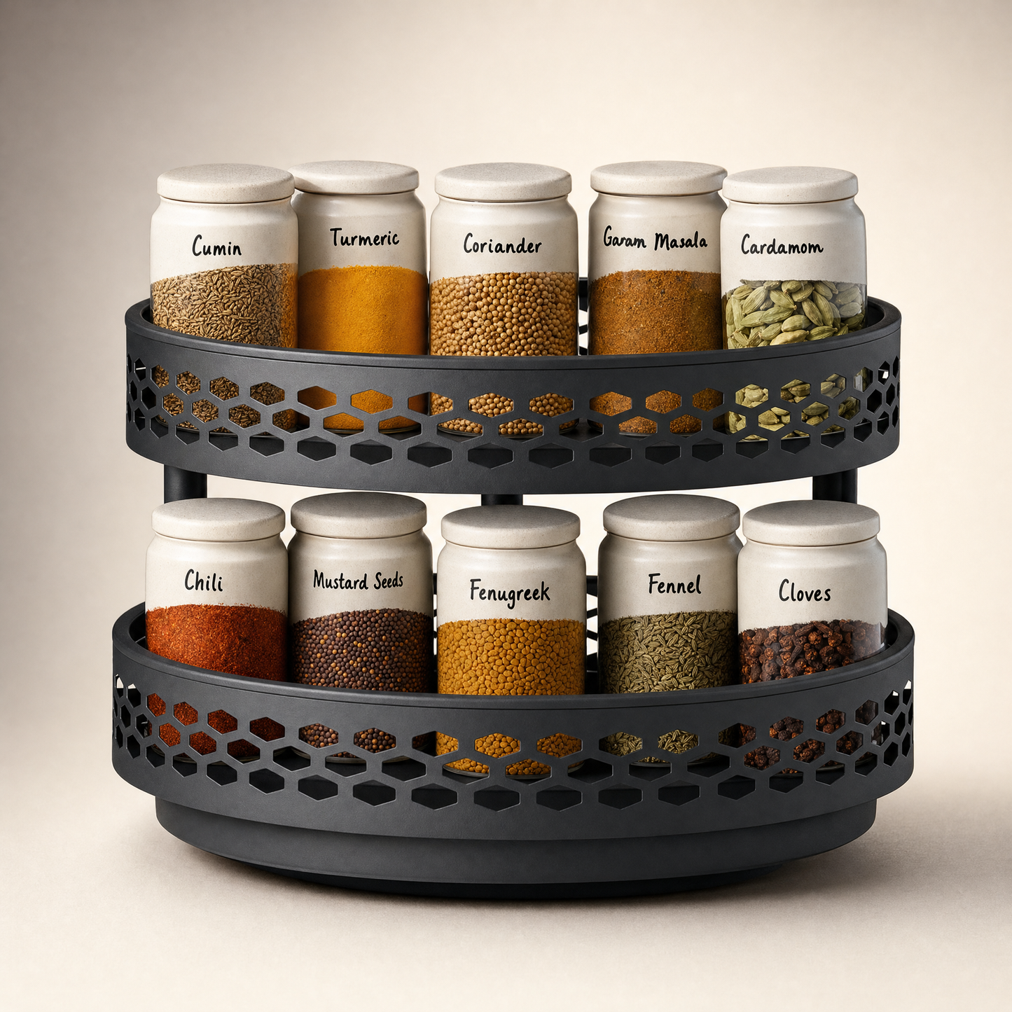 Black carbon-steel rotating spice rack with Indian spice jars on clean studio background