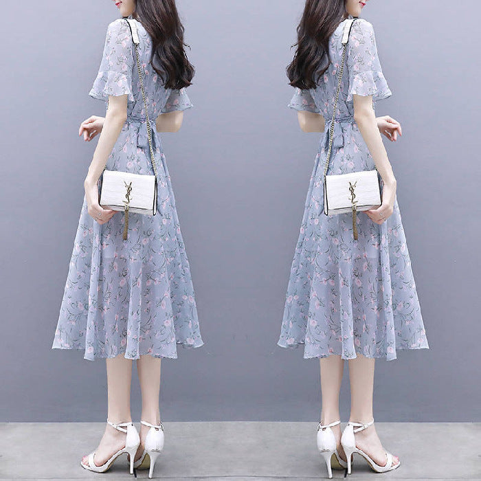 Waist-Cinching Floral Ice-Silk Dress