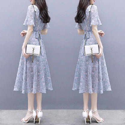 Waist-Cinching Floral Ice-Silk Dress