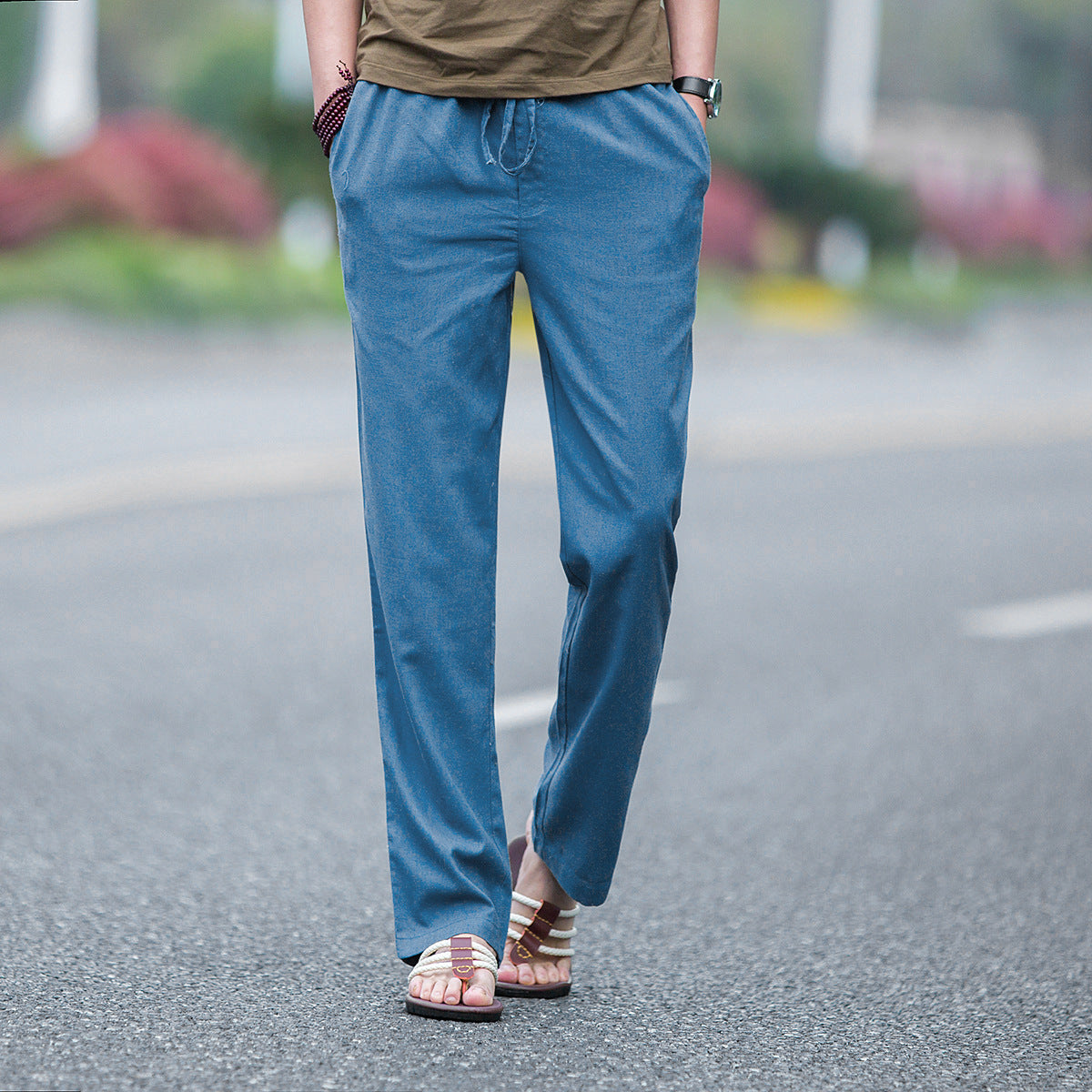 Mens Linen Casual Solid-Color Straight-Leg Pants