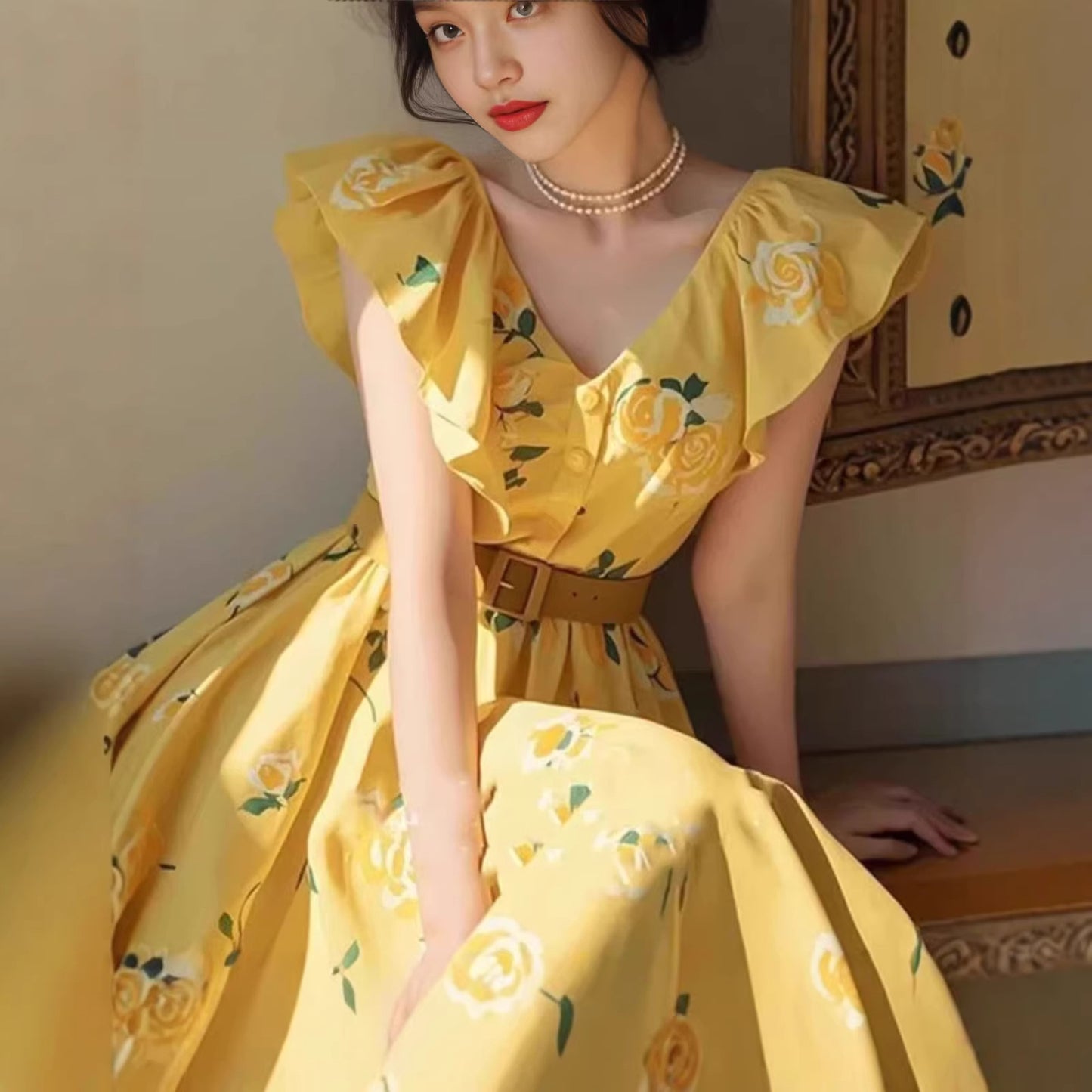 Yellow Rose-Print Petite-Sleeve Dress