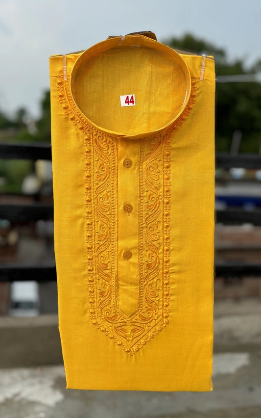 Yellow embroidered cotton kurta for men - haldi and festive wear