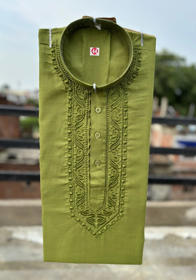 Green embroidered cotton kurta for men - festive ethnic wear