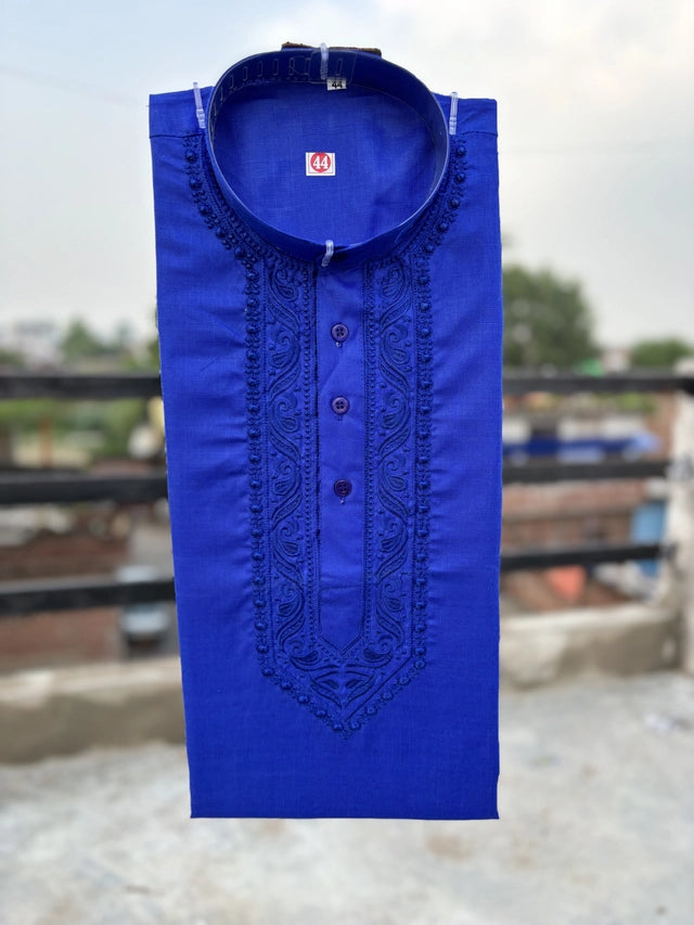 Royal blue embroidered cotton kurta for men - wedding festive wear