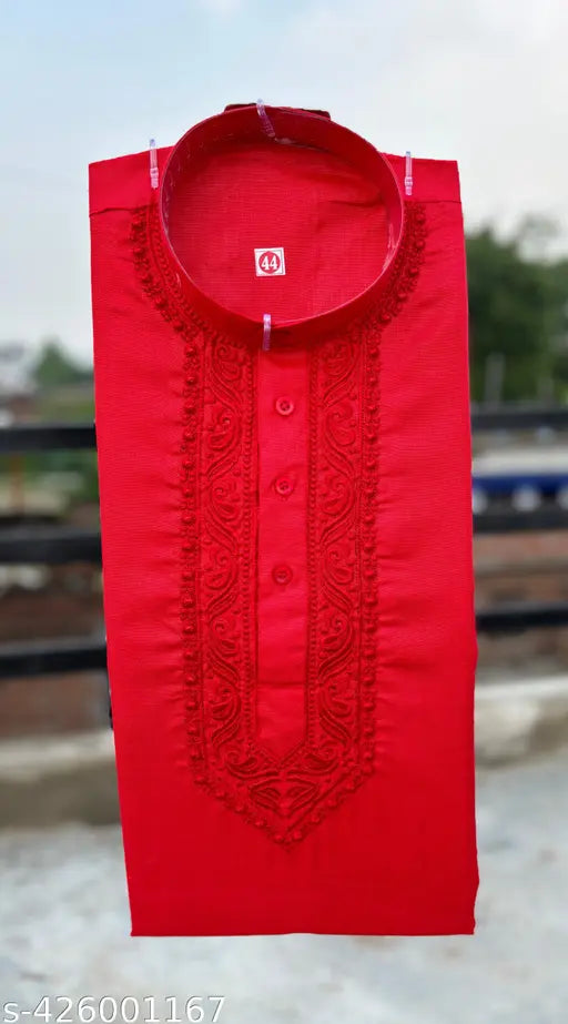 Red embroidered cotton kurta for men - festive ethnic wear