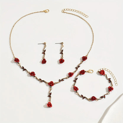 Red rose drop earrings shown in detail