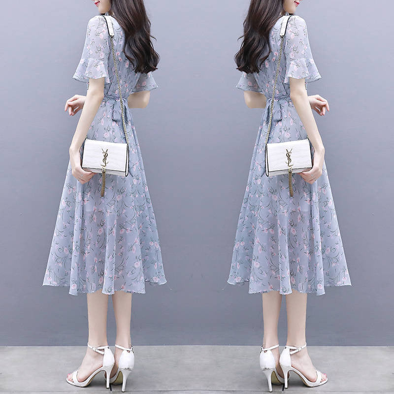 Waist-Cinching Floral Ice-Silk Dress