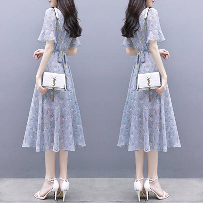 Waist-Cinching Floral Ice-Silk Dress