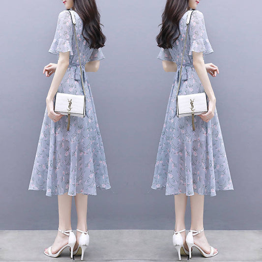 Waist-Cinching Floral Ice-Silk Dress