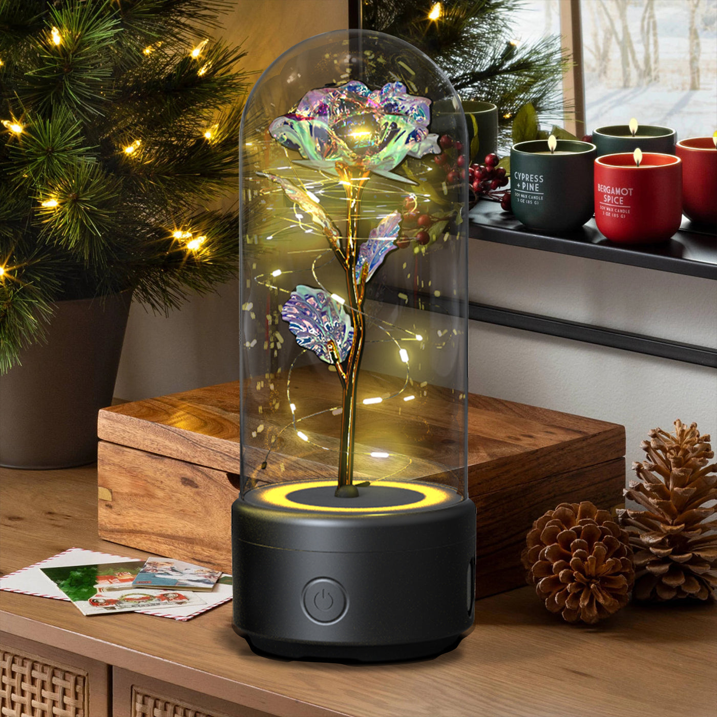 LED Rose Speaker – Bluetooth Music Light in Glass Dome