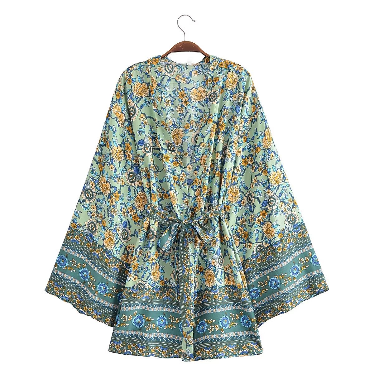 Resort-Style Printed Lace-Up Kimono Jacket