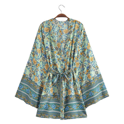 Resort-Style Printed Lace-Up Kimono Jacket