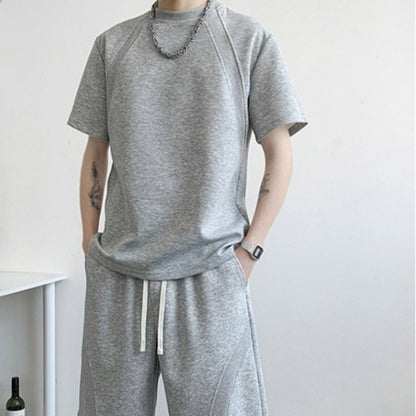 Mens Casual Summer Solid-Color Short-Sleeve T-Shirt And Shorts Set