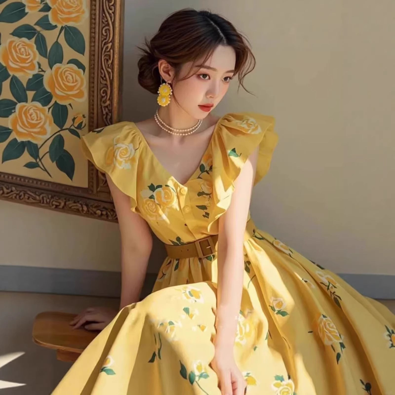 Yellow Rose-Print Petite-Sleeve Dress