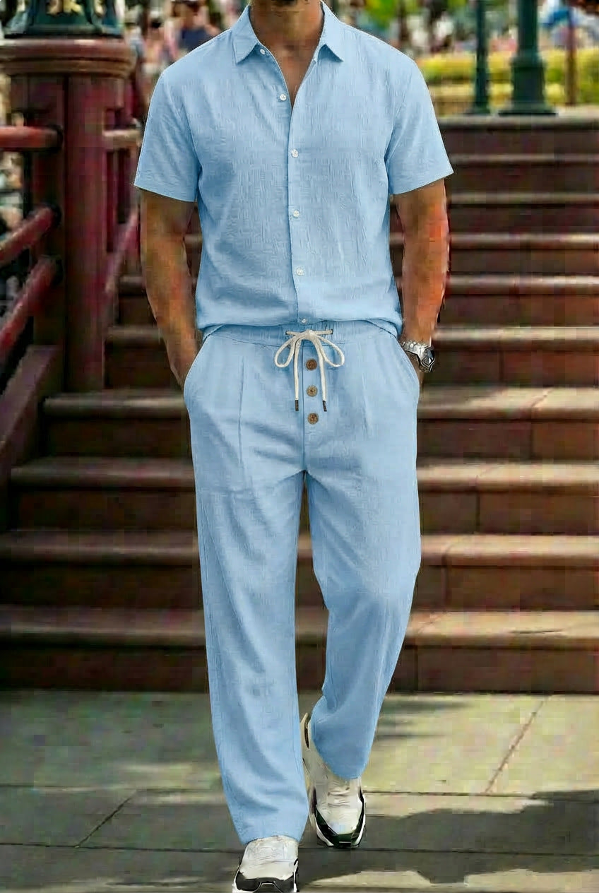New Mens Breathable Linen Shirt And Trousers Set With A Lapel Collar