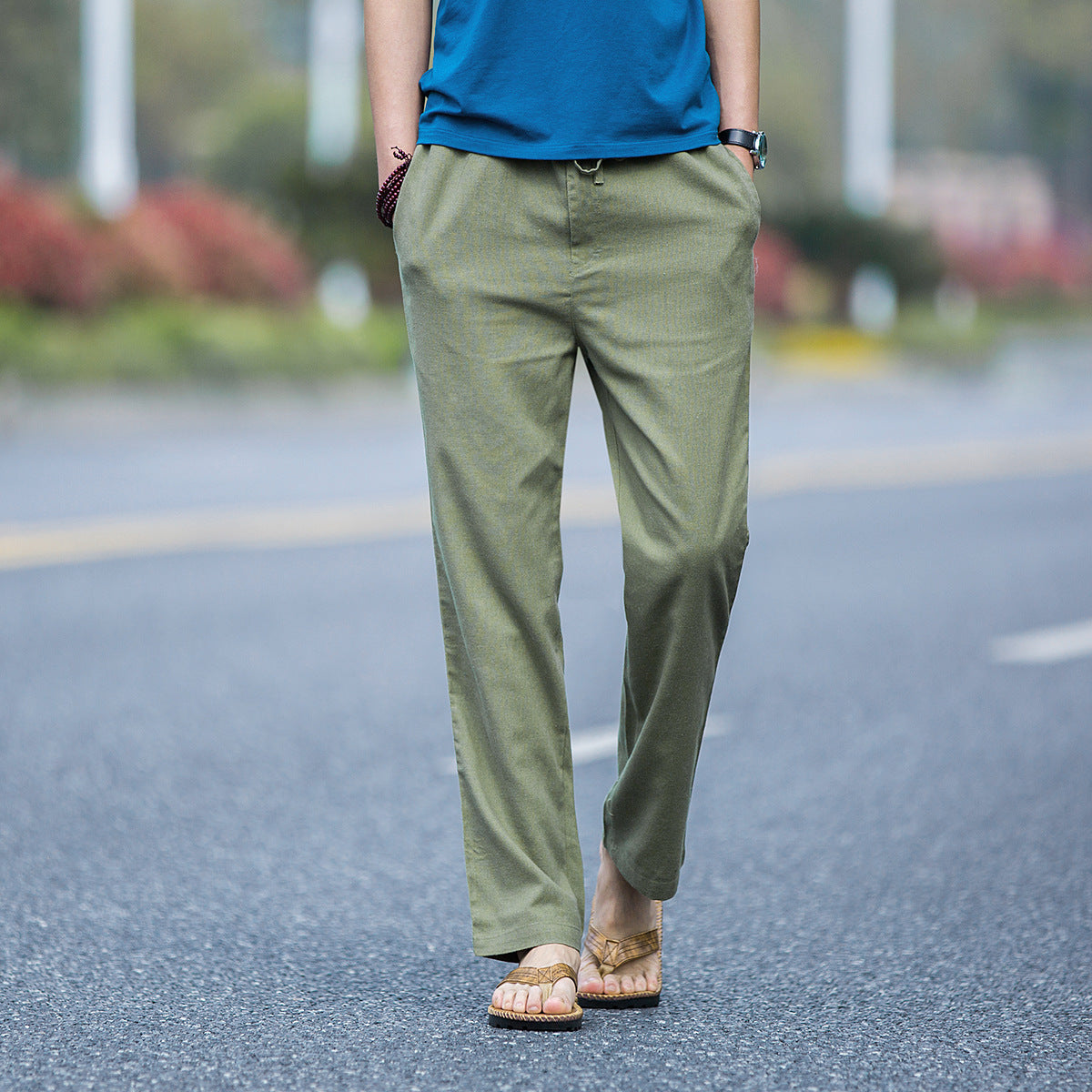 Mens Linen Casual Solid-Color Straight-Leg Pants