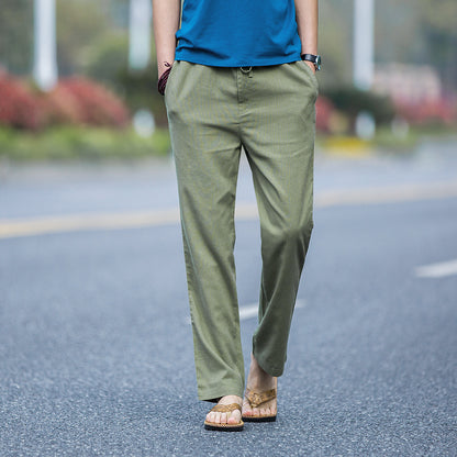 Mens Linen Casual Solid-Color Straight-Leg Pants
