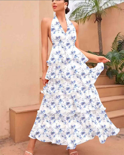 V-Neck Strap Multi-Layer Printed Dress
