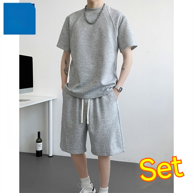 Mens Casual Summer Solid-Color Short-Sleeve T-Shirt And Shorts Set