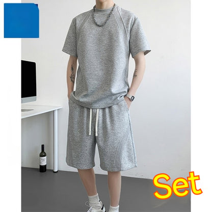 Mens Casual Summer Solid-Color Short-Sleeve T-Shirt And Shorts Set