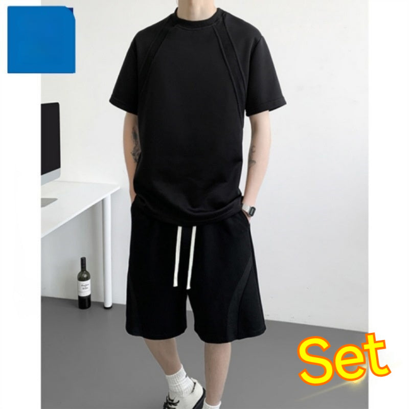 Mens Casual Summer Solid-Color Short-Sleeve T-Shirt And Shorts Set