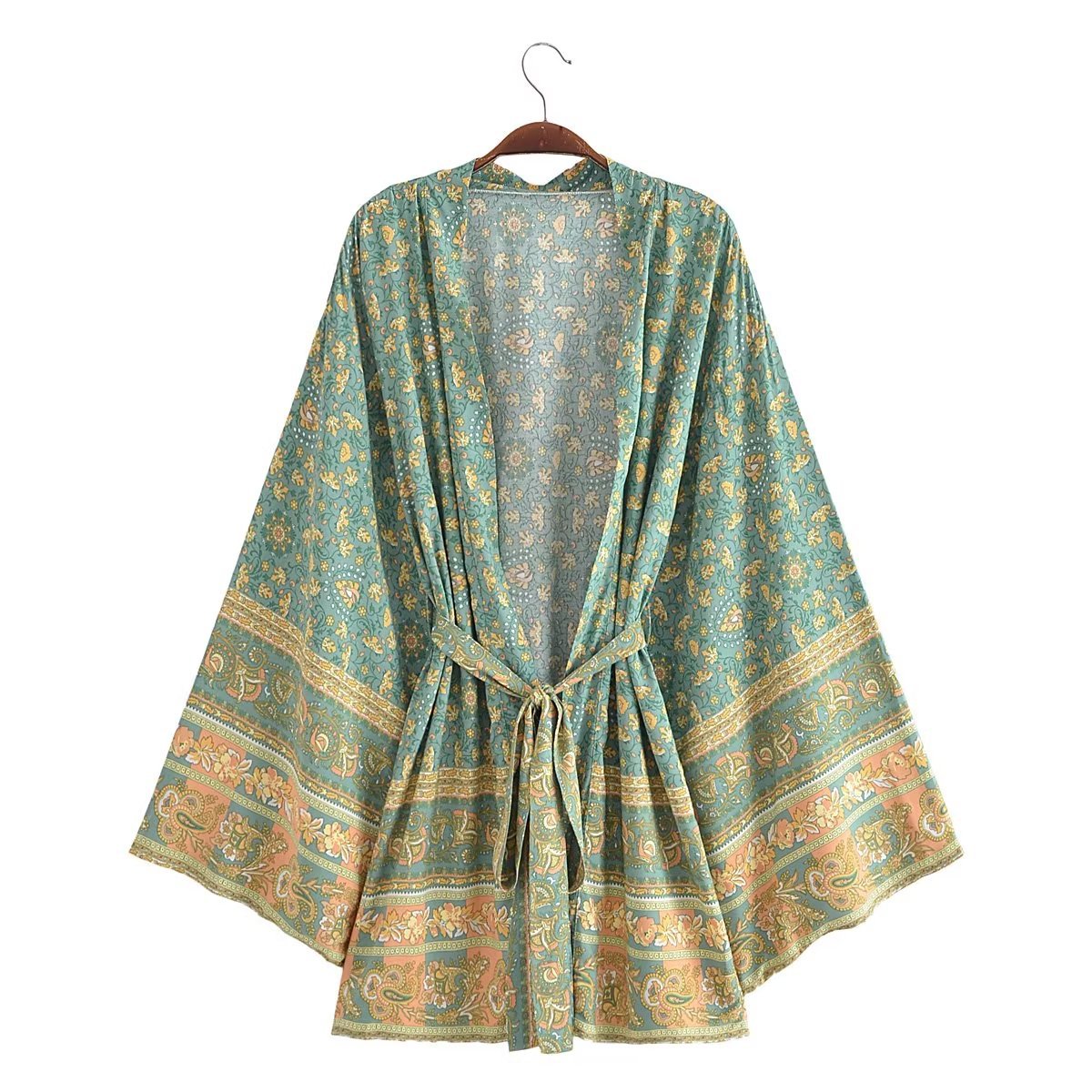 Resort-Style Printed Lace-Up Kimono Jacket