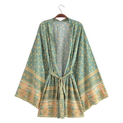 Resort-Style Printed Lace-Up Kimono Jacket