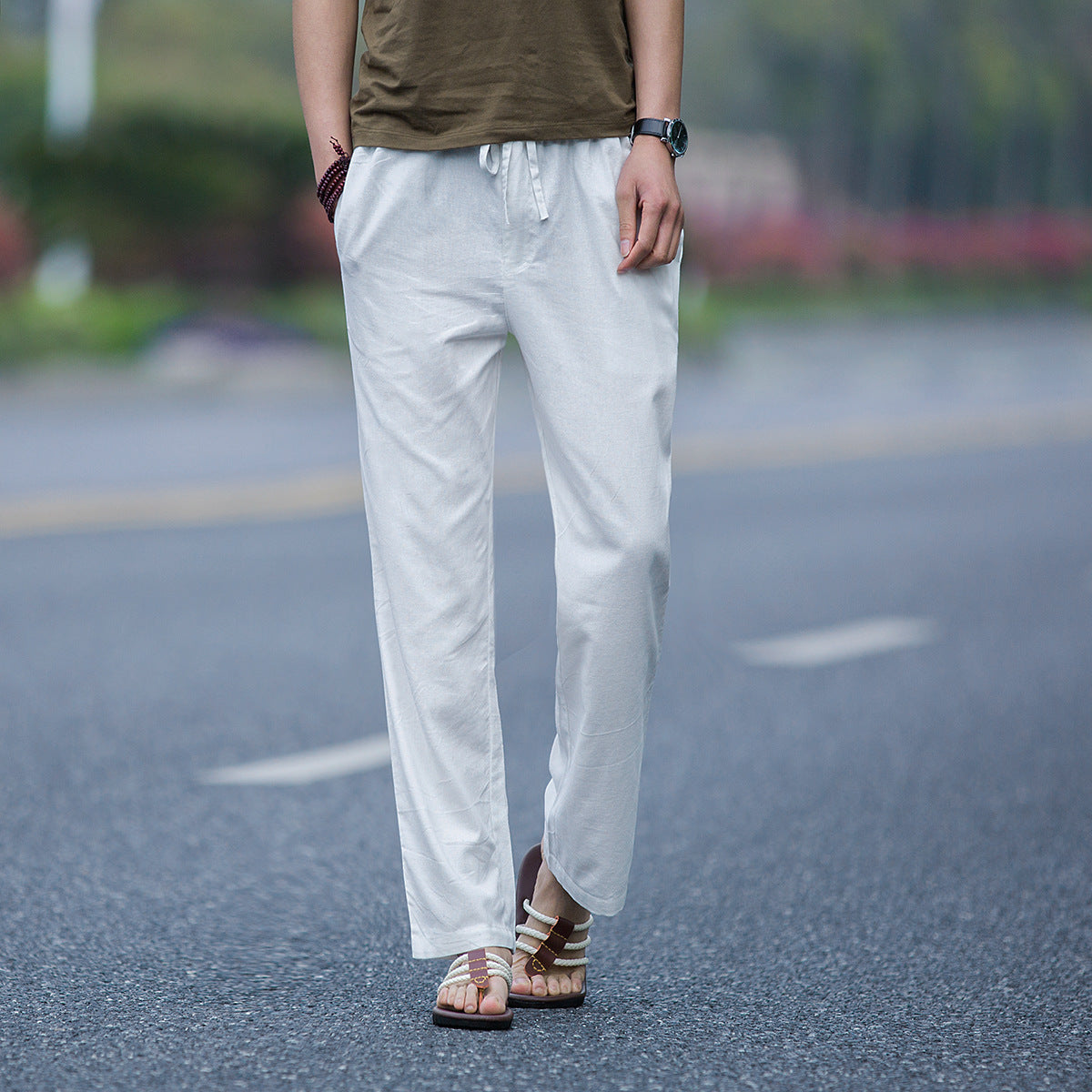 Mens Linen Casual Solid-Color Straight-Leg Pants