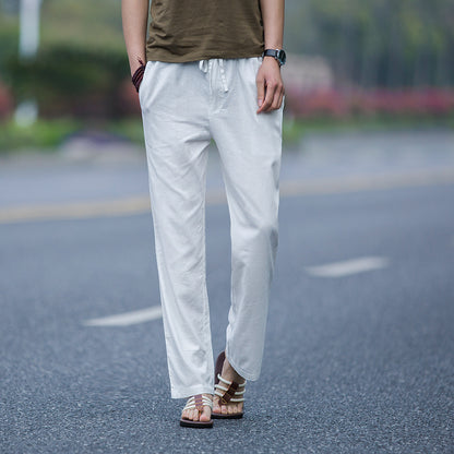 Mens Linen Casual Solid-Color Straight-Leg Pants