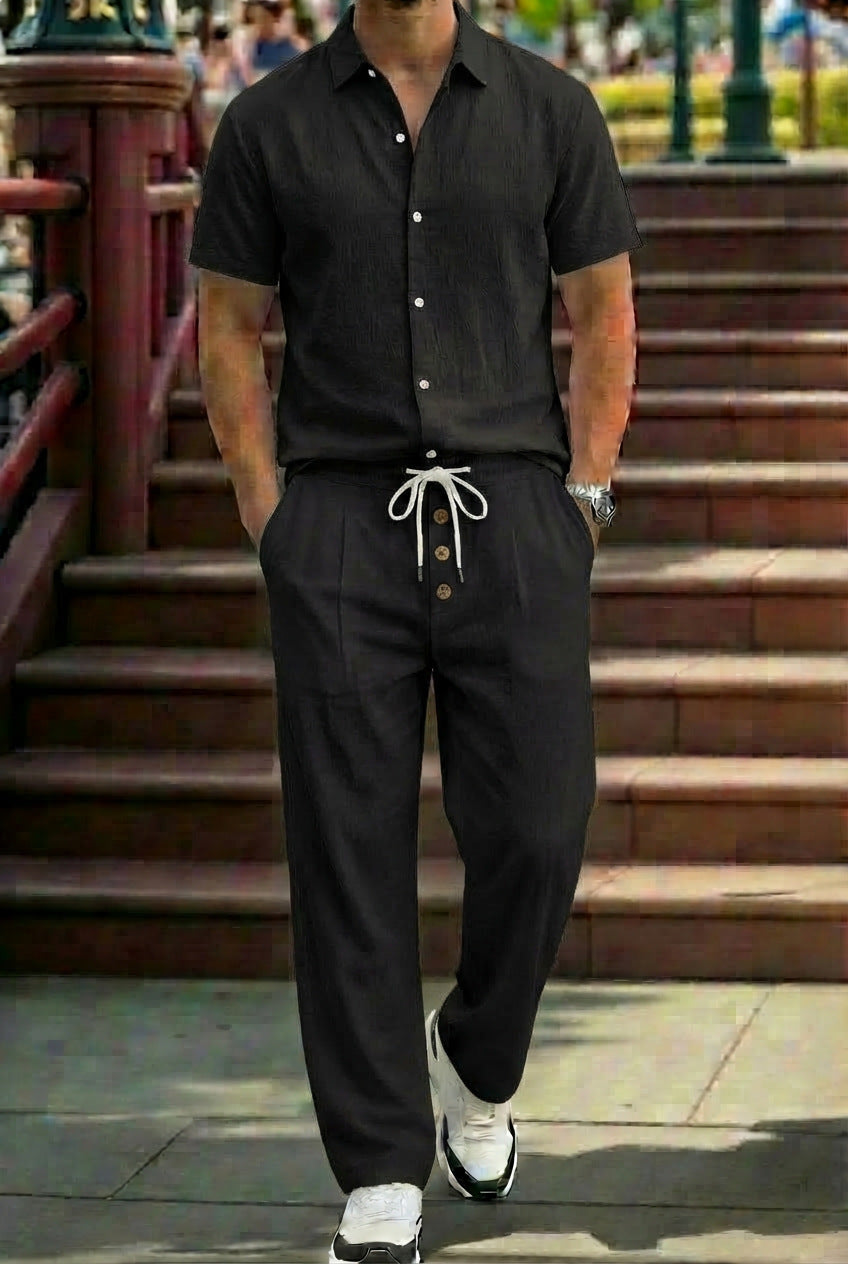 New Mens Breathable Linen Shirt And Trousers Set With A Lapel Collar