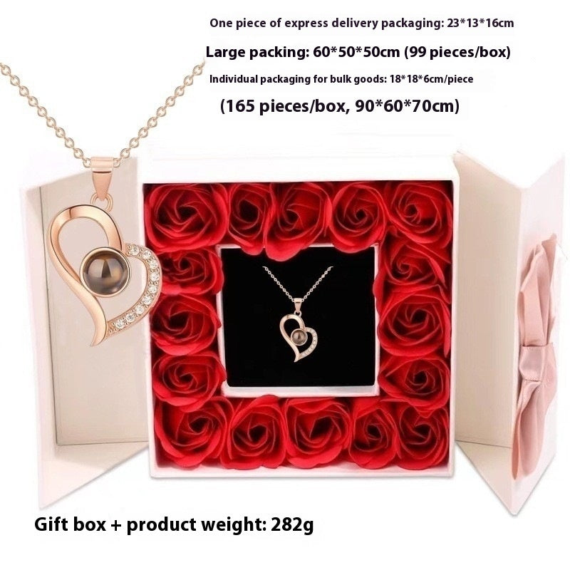 Detailed view of the rose-shaped gift box exterior