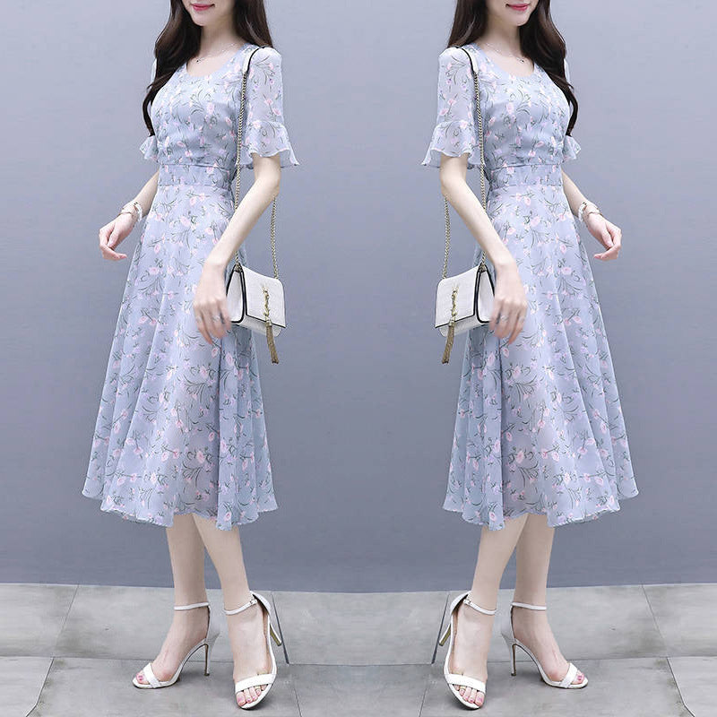 Waist-Cinching Floral Ice-Silk Dress