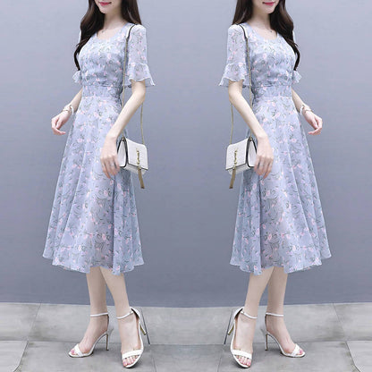 Waist-Cinching Floral Ice-Silk Dress