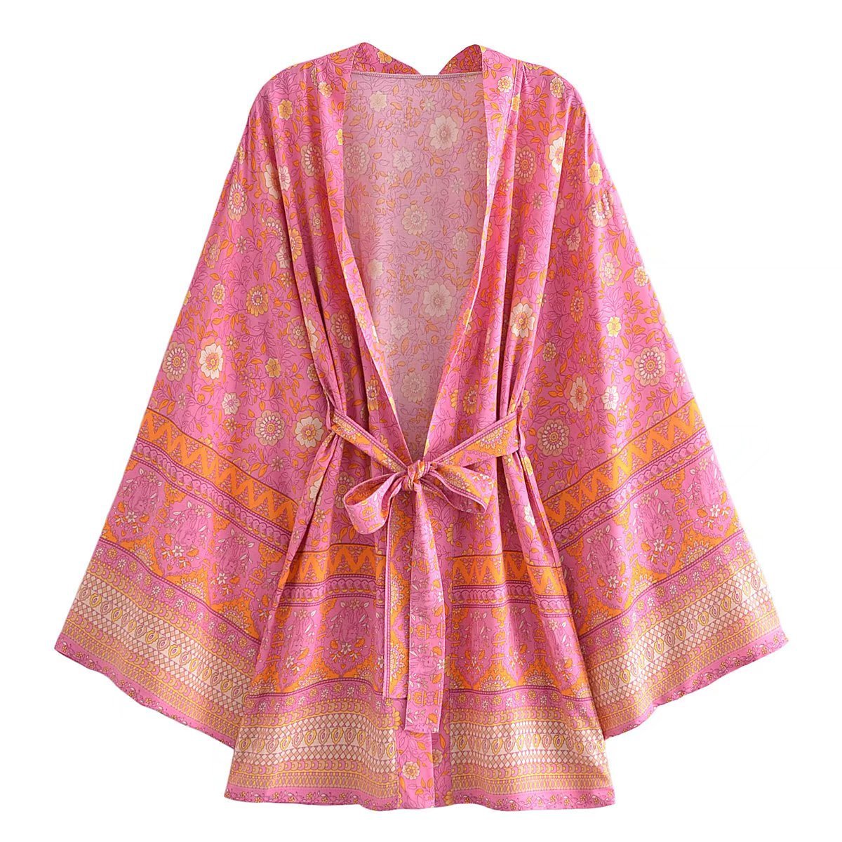 Resort-Style Printed Lace-Up Kimono Jacket