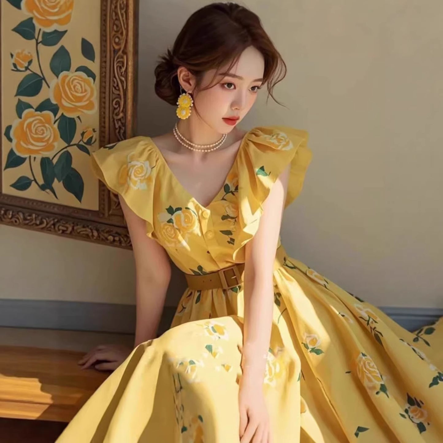 Yellow Rose-Print Petite-Sleeve Dress