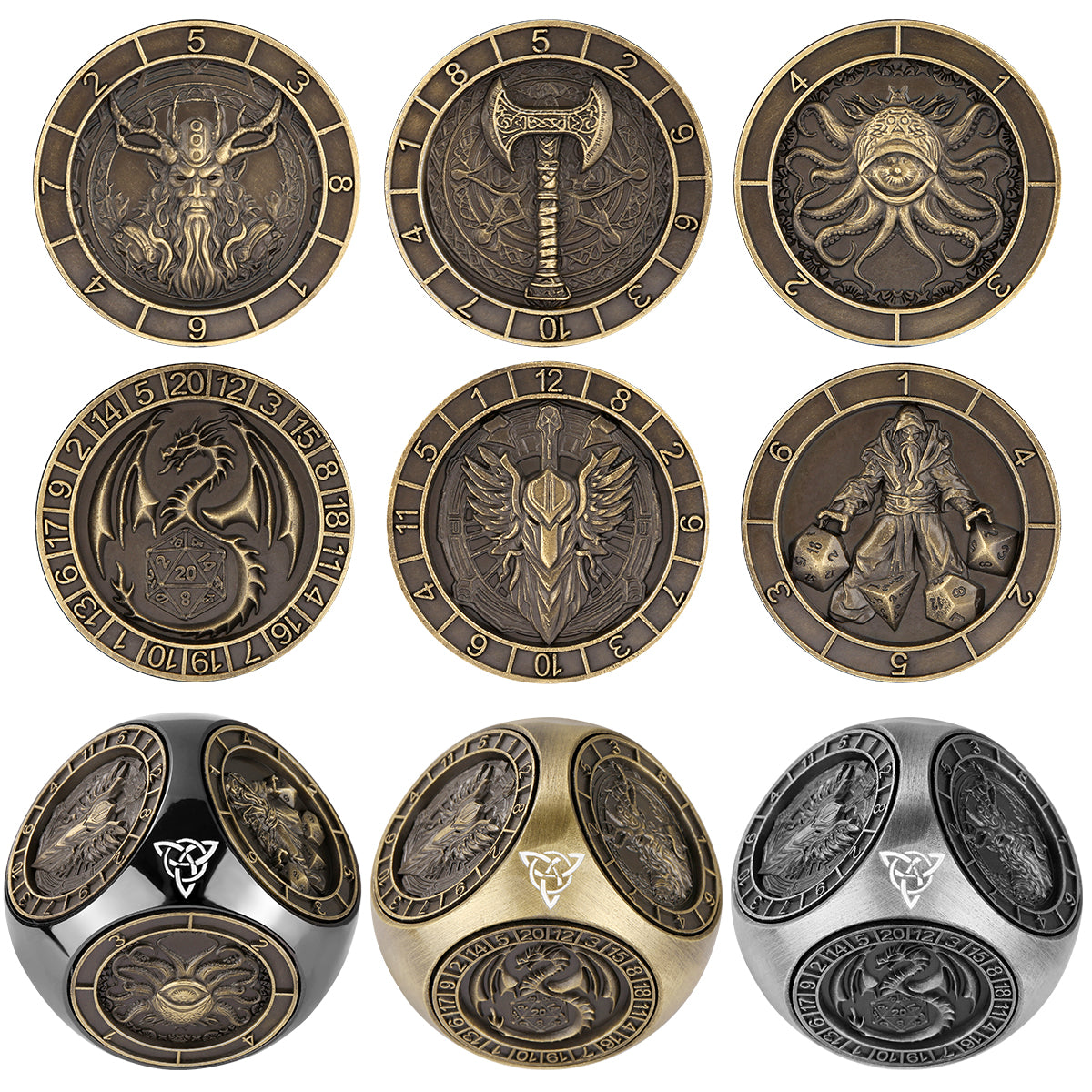 Metal Polyhedral D&D Dice Set – 6-Piece Wheel Display Box