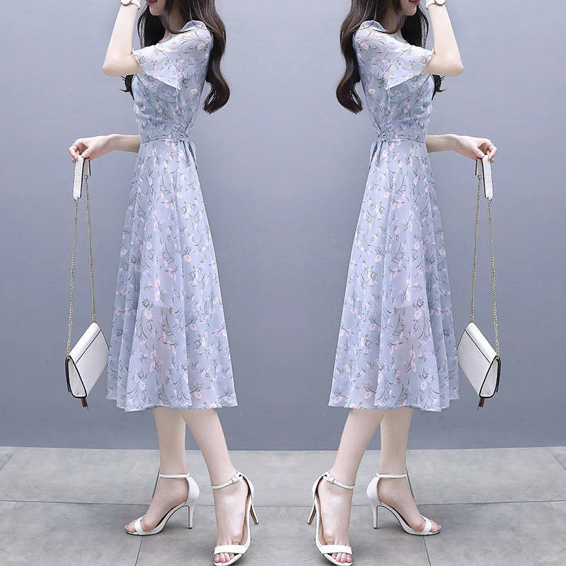 Waist-Cinching Floral Ice-Silk Dress