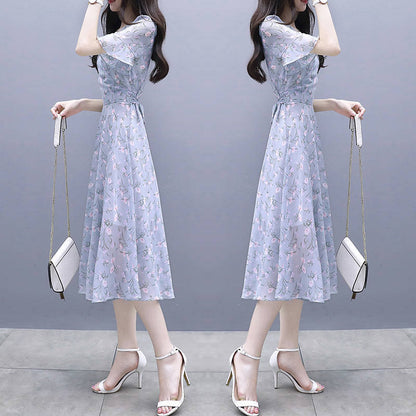 Waist-Cinching Floral Ice-Silk Dress