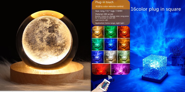 Water Ripple Crystal Night Light – 16-Color Rotating Mood Lamp