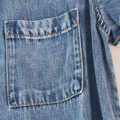 Washed Denim Dress with Stand Collar