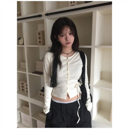 Slim Cream Strap-Detail Cardigan Tee